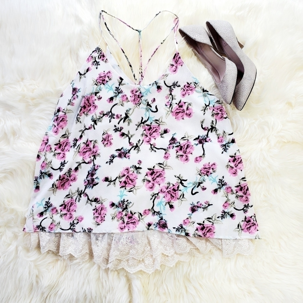 Umgee Floral Swing Tank Top Lace Trim Flowy NWT Size M Boho Cottagecore Romantic